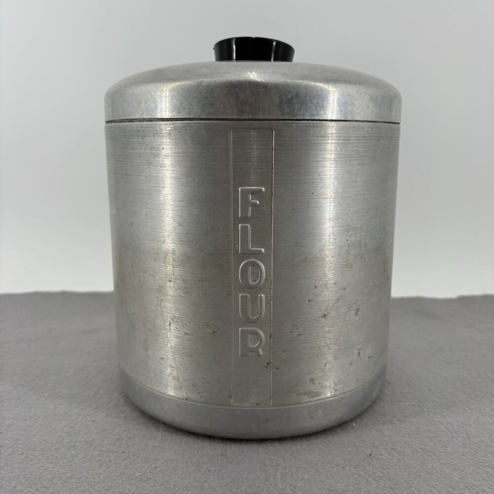 Vintage Metasco Italy Brushed Aluminum Flour Canister Lid MCM Mid Century Silver